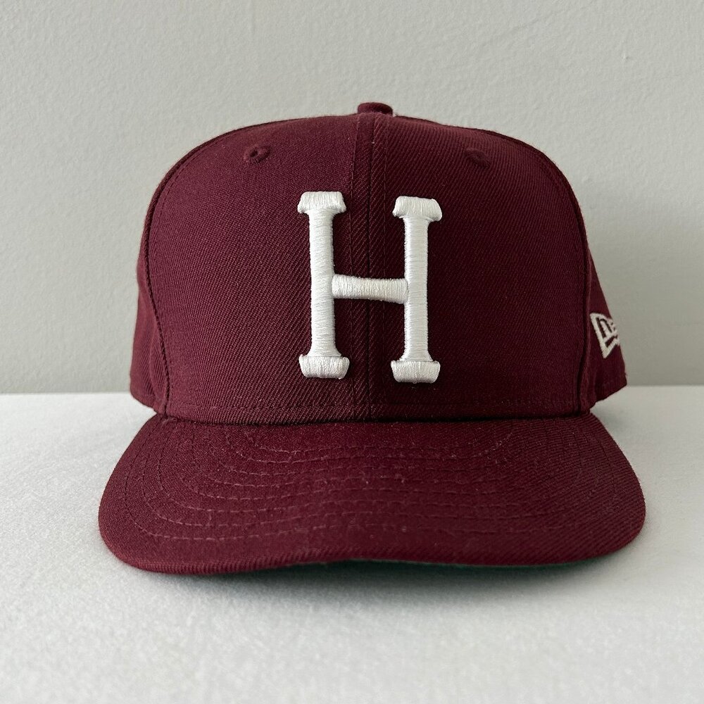 HUF New Era Fitted Cap Maroon Red Wool H Logo White Satin Size 7 1/2 Hat
